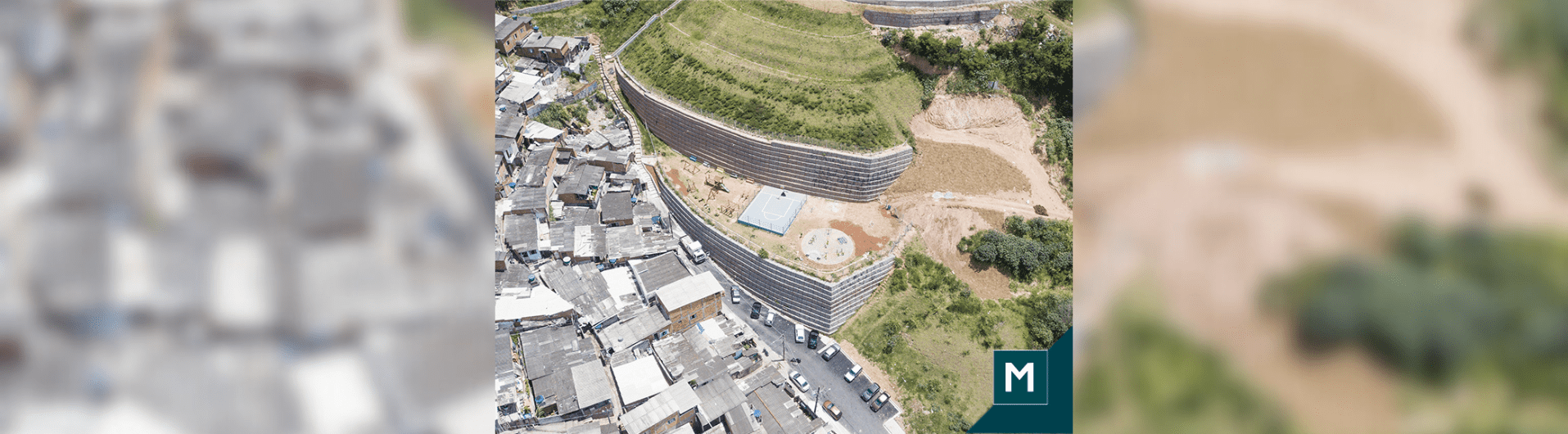 O Terramesh® da Maccaferri, nessa obra, tem 12 metros de altura e com 60 metros de extensão.