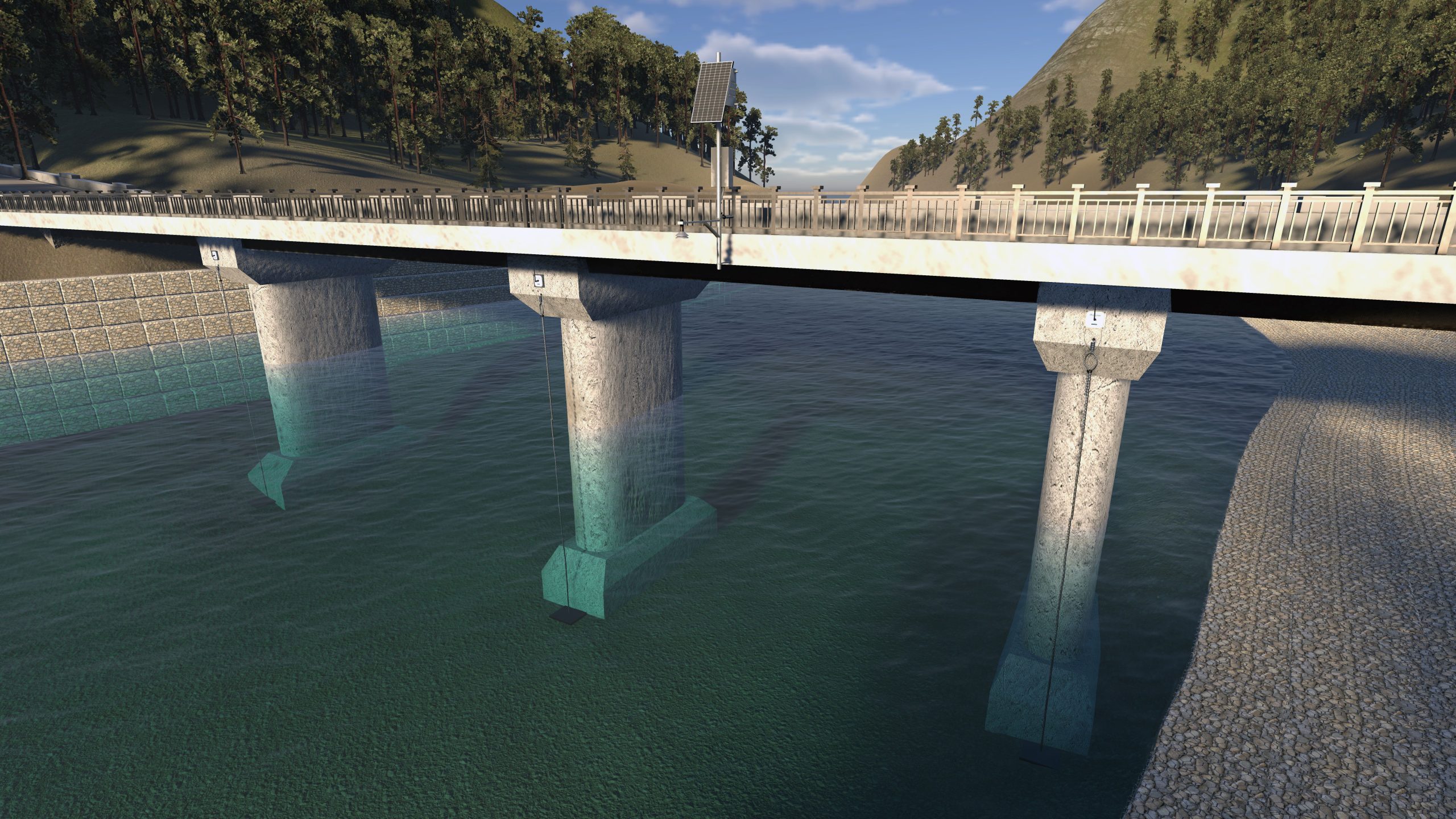 SURVEILLANCE INTELLIGENTE DES PONTS — HELLOMAC Hydro est un système d'alerte précoce conçu pour renforcer la sécurité des ponts en assurant une protection complète de leurs piliers contre l'érosion et les variations du niveau d'eau.