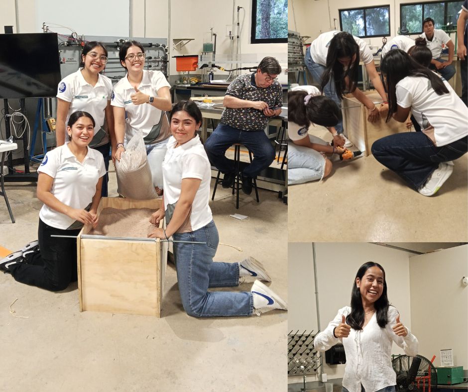 Estudiantes de ingeniería civil construyendo modelo de muro mecánicamente estabilizado_10